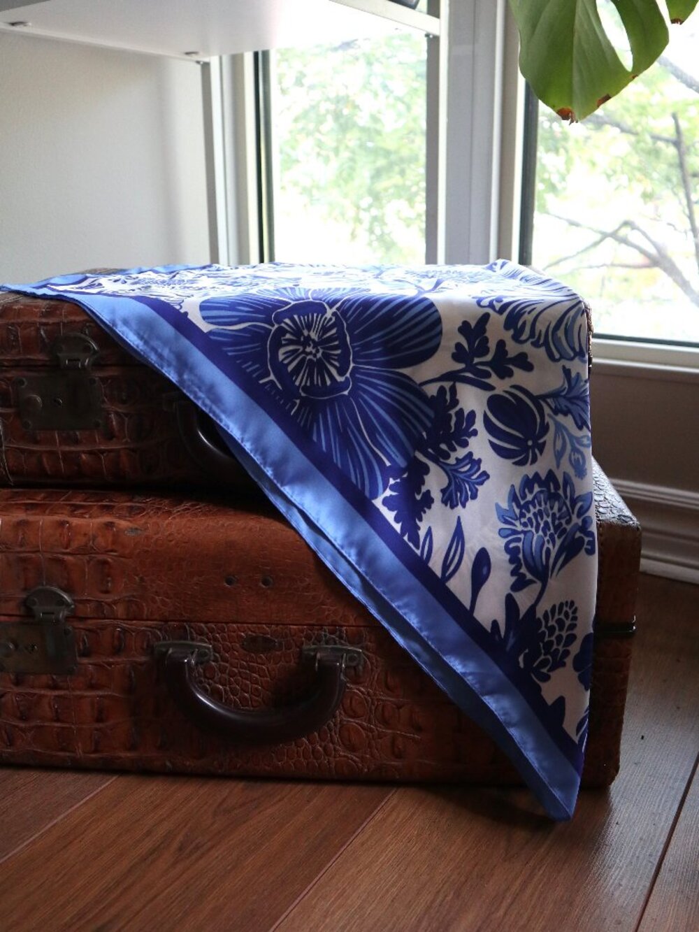 Blue and White Floral Square Scarf